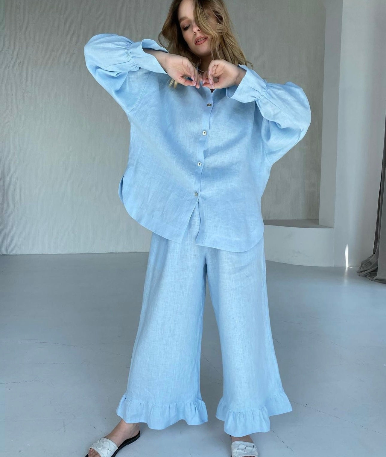 Womens Linen Pajamas Set with Wide Pants, Pyjama Set, Linen Two Piece Set, Linen Summer Beach Suit, Linen Blouse, High Waisted Pants