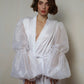 White bridal robe with pearl, silk puff sleeve robe, long wedding robes, bridal party gown, bride robe for wedding day