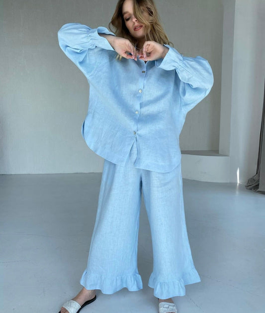 Blue Linen Long Set, Christmas Pajamas Gift for Her, Holiday Linen Pajamas, Linen Soft Sleepwear, Long Linen Pants and Shirt